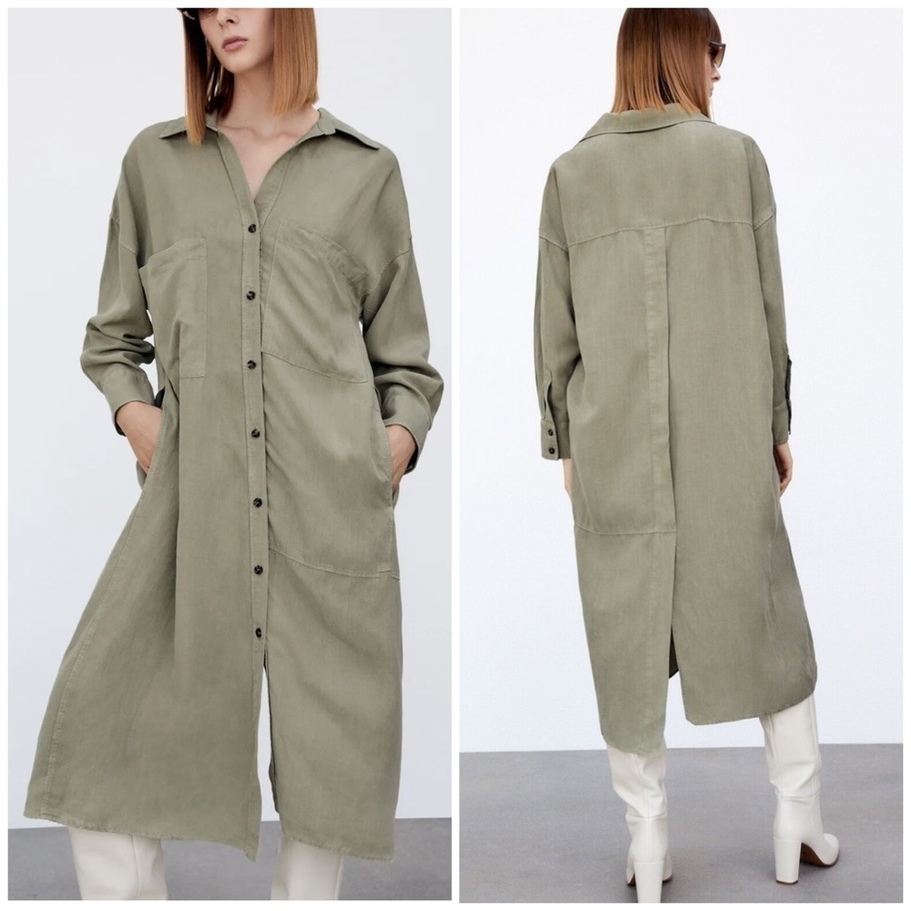 Zara Green Linen Blend Summer coat -Shirt Dress with Pockets Size S